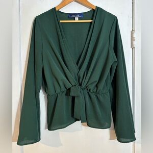 Blue Rain Deep Green Tie-Front Blouse